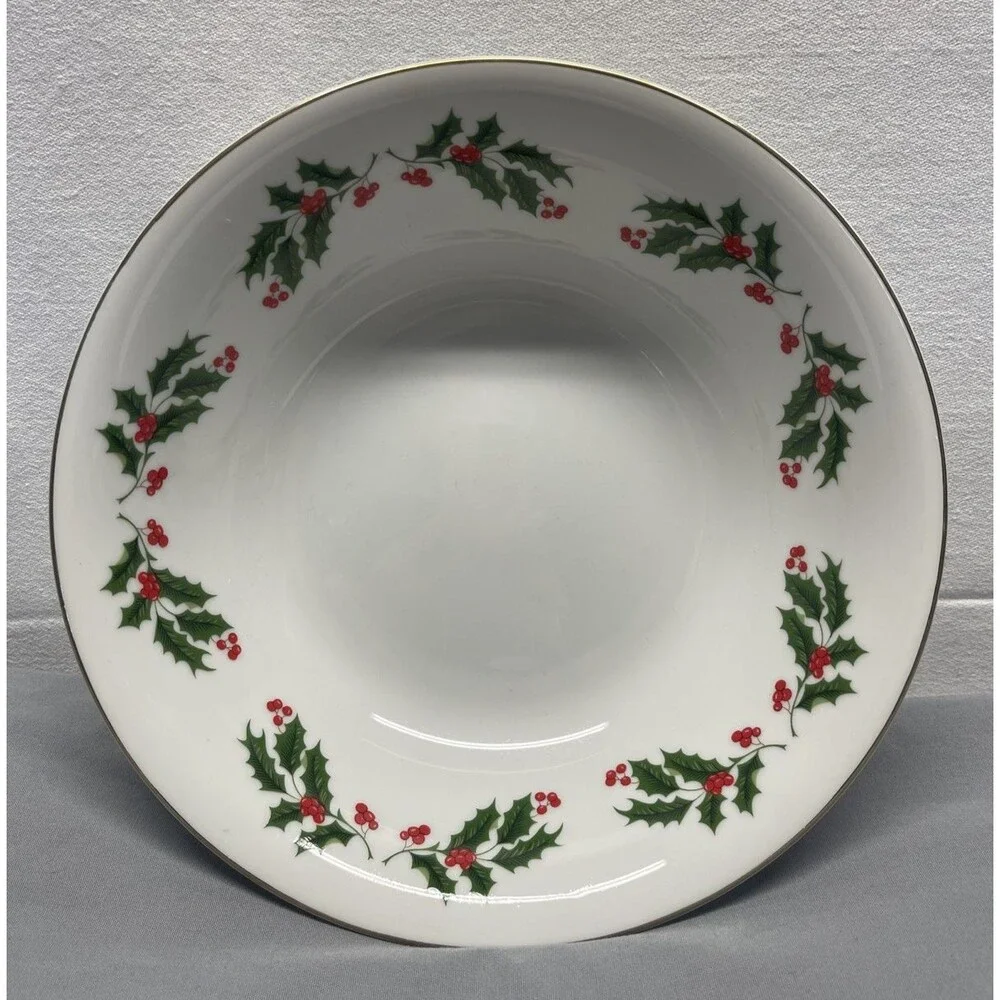Vintage Porcelain Holly Serving Bowl Japan Mogi Christmas Gold Rim Holly 9 1/4